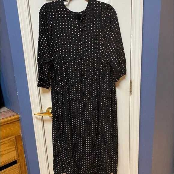 ZARA WOMAN POKADOT CHIFFON LONG SMOCK PUFF SLEEVE BLACK DRESS US M - Picture 1 of 7